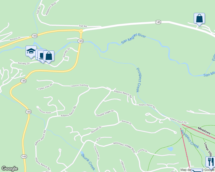 map of restaurants, bars, coffee shops, grocery stores, and more near 253 Adams Ranch Road in Mountain Village