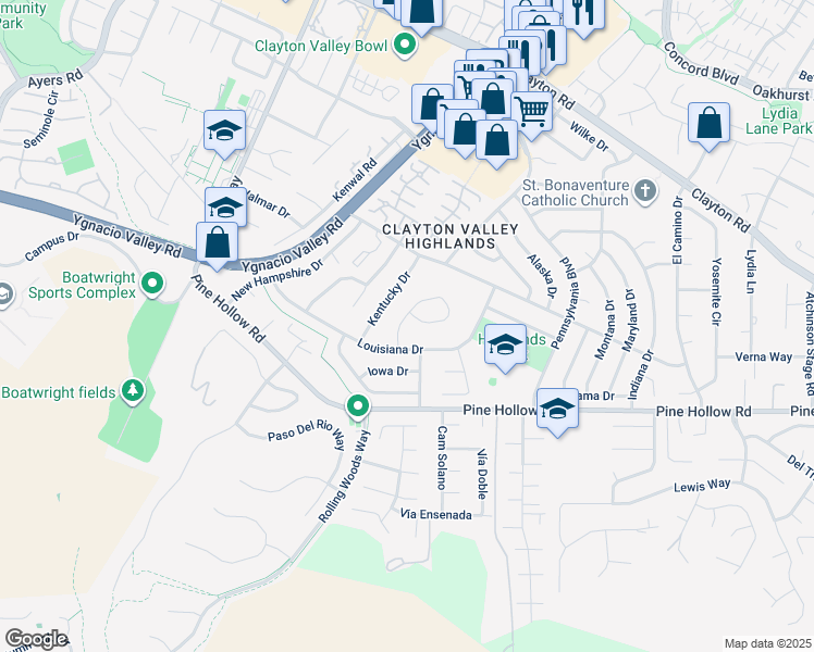 map of restaurants, bars, coffee shops, grocery stores, and more near 1289 Kansas Circle in Concord
