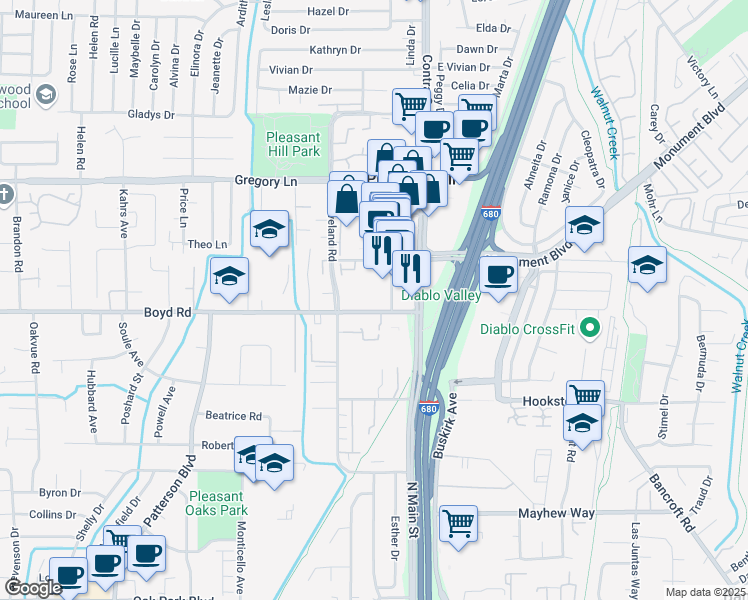 map of restaurants, bars, coffee shops, grocery stores, and more near 99 Cleaveland Road in Pleasant Hill