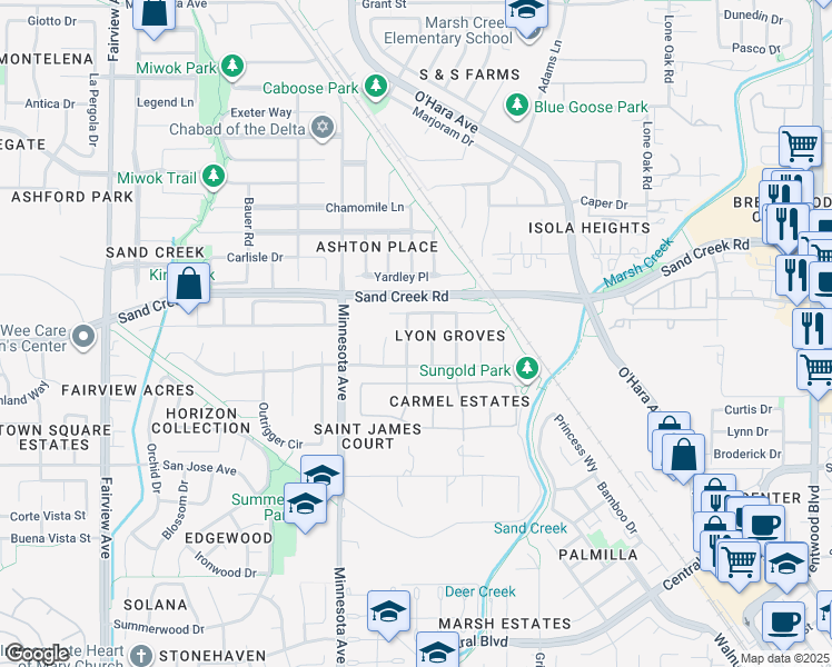 map of restaurants, bars, coffee shops, grocery stores, and more near 1242 Comice Parkway in Brentwood