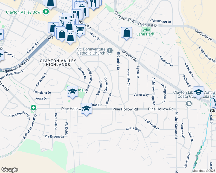 map of restaurants, bars, coffee shops, grocery stores, and more near 5546 Indiana Drive in Concord