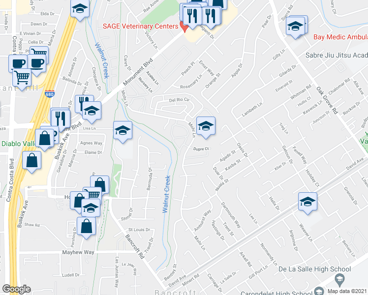 map of restaurants, bars, coffee shops, grocery stores, and more near 1360 Del Rio Court in Concord