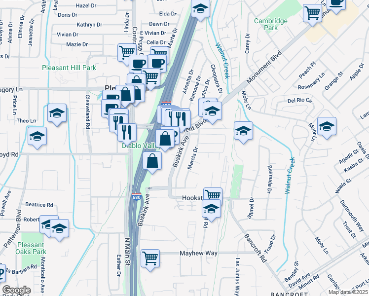 map of restaurants, bars, coffee shops, grocery stores, and more near 2316 Monument Boulevard in Pleasant Hill