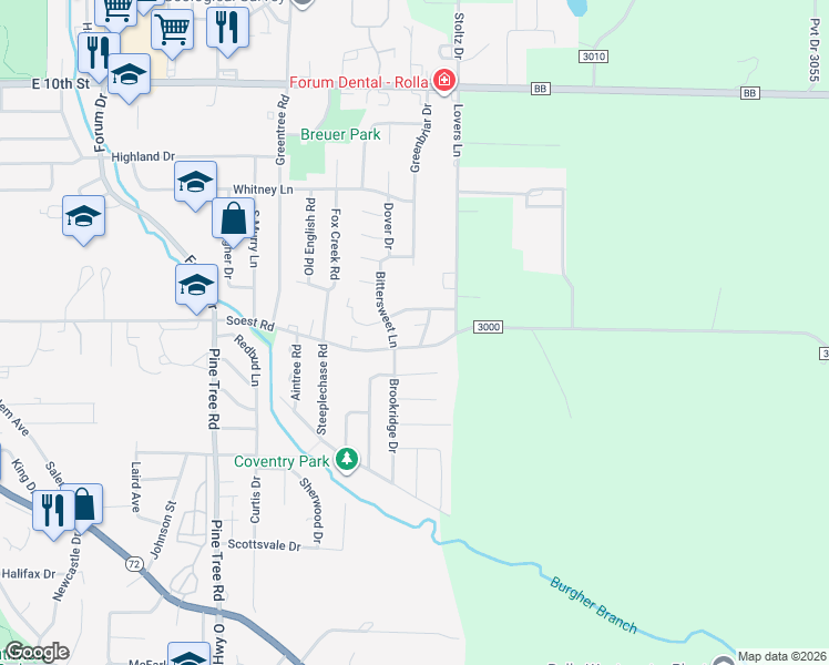 map of restaurants, bars, coffee shops, grocery stores, and more near 104 Oaktree Lane in Rolla