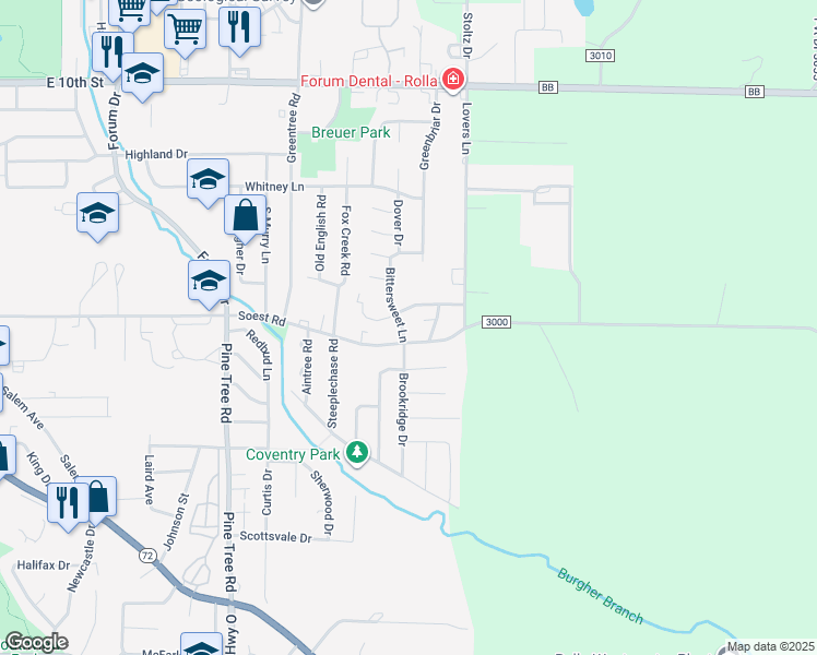 map of restaurants, bars, coffee shops, grocery stores, and more near 104 Bittersweet Lane in Rolla