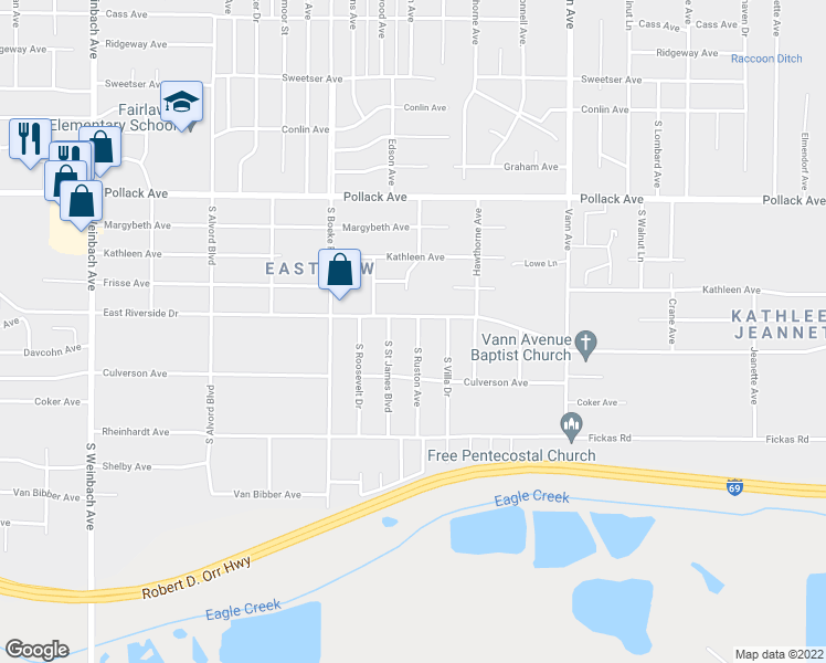 map of restaurants, bars, coffee shops, grocery stores, and more near 2511 South Ruston Avenue in Evansville