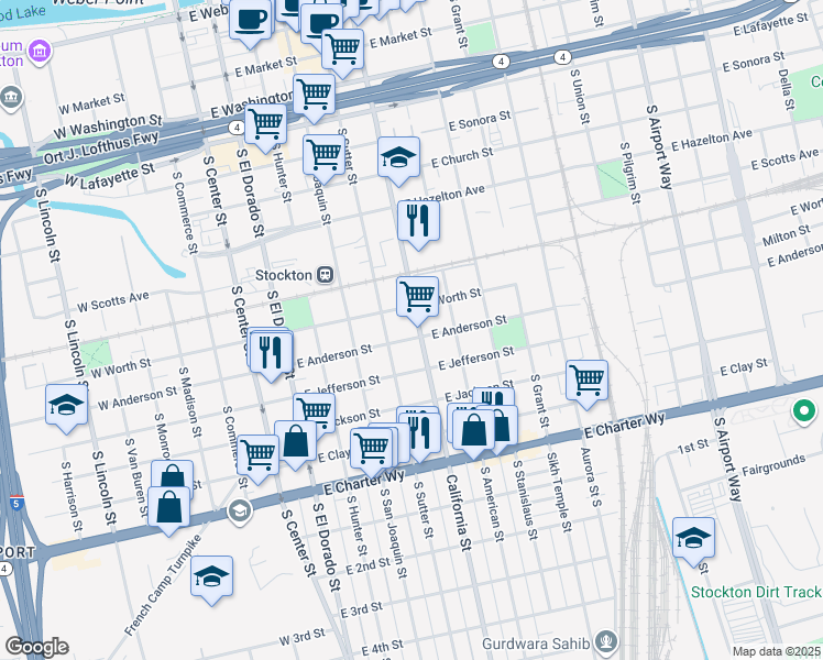 map of restaurants, bars, coffee shops, grocery stores, and more near 927 California Street in Stockton