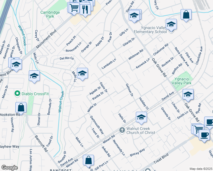 map of restaurants, bars, coffee shops, grocery stores, and more near 1738 Agadir Court in Concord