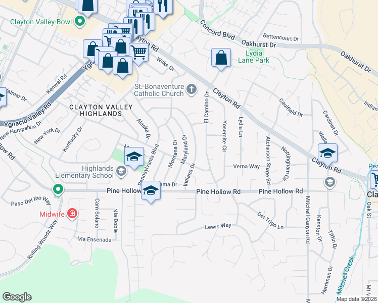 map of restaurants, bars, coffee shops, grocery stores, and more near 5555 Maryland Drive in Concord