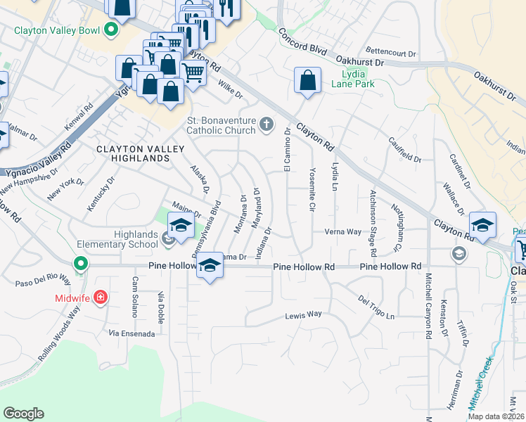 map of restaurants, bars, coffee shops, grocery stores, and more near 5555 Maryland Dr in Concord