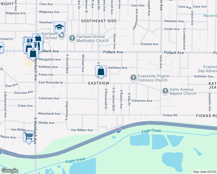 map of restaurants, bars, coffee shops, grocery stores, and more near 2512 South Roosevelt Drive in Evansville