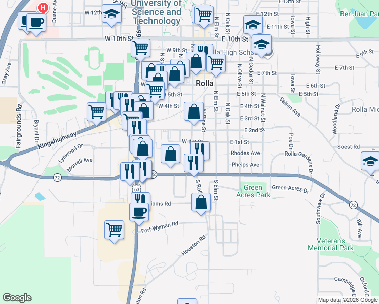 map of restaurants, bars, coffee shops, grocery stores, and more near 108 South Rolla Street in Rolla