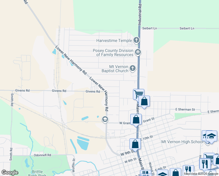 map of restaurants, bars, coffee shops, grocery stores, and more near 336 Audubon Drive in Mount Vernon