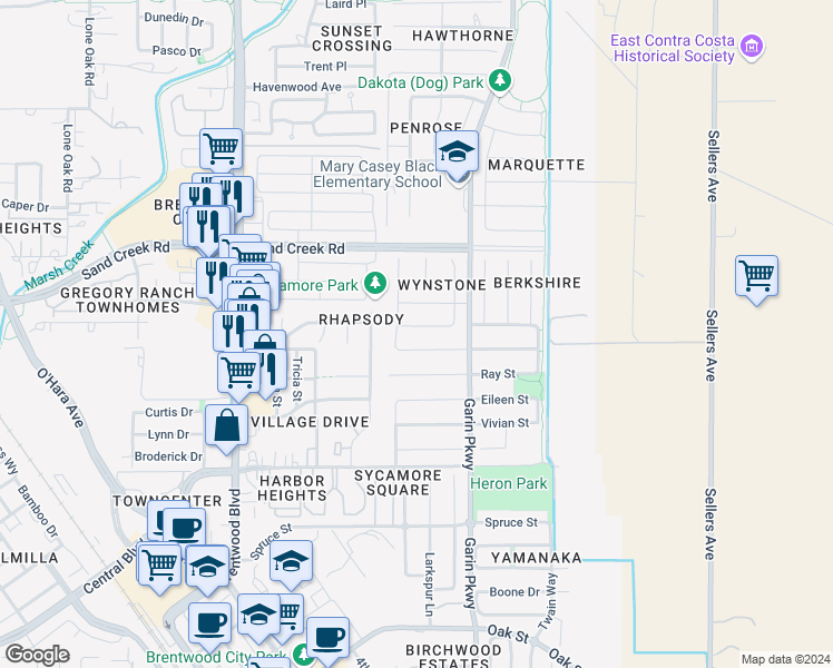 map of restaurants, bars, coffee shops, grocery stores, and more near 302 Hampstead Drive in Brentwood