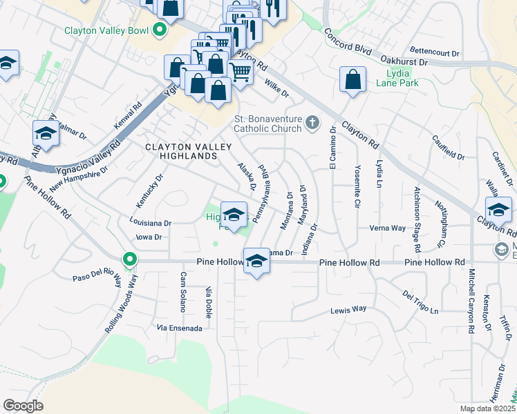 map of restaurants, bars, coffee shops, grocery stores, and more near 5540 Michigan Boulevard in Concord