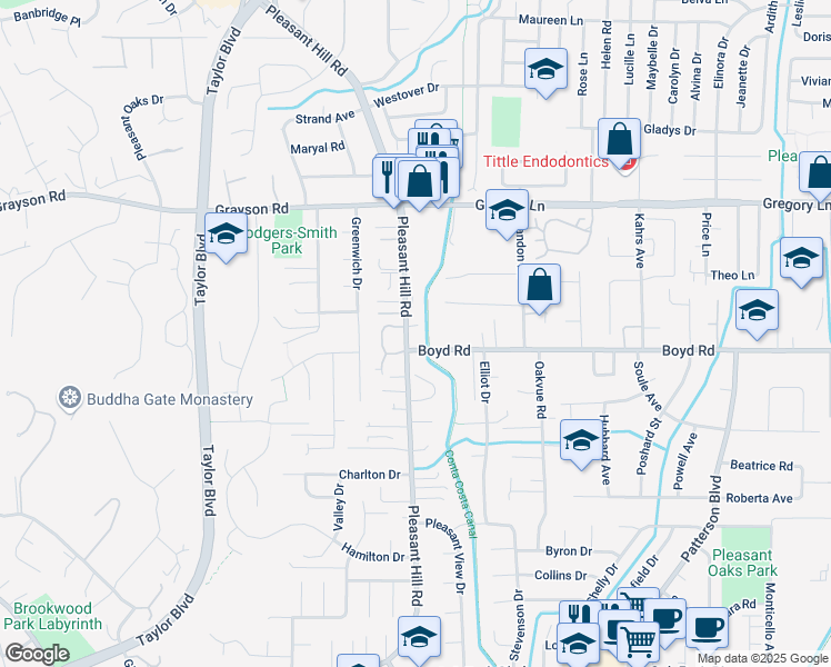 map of restaurants, bars, coffee shops, grocery stores, and more near 2220 Pleasant Hill Road in Pleasant Hill