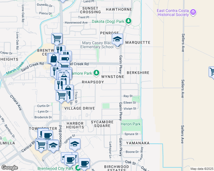 map of restaurants, bars, coffee shops, grocery stores, and more near 302 Hampstead Drive in Brentwood