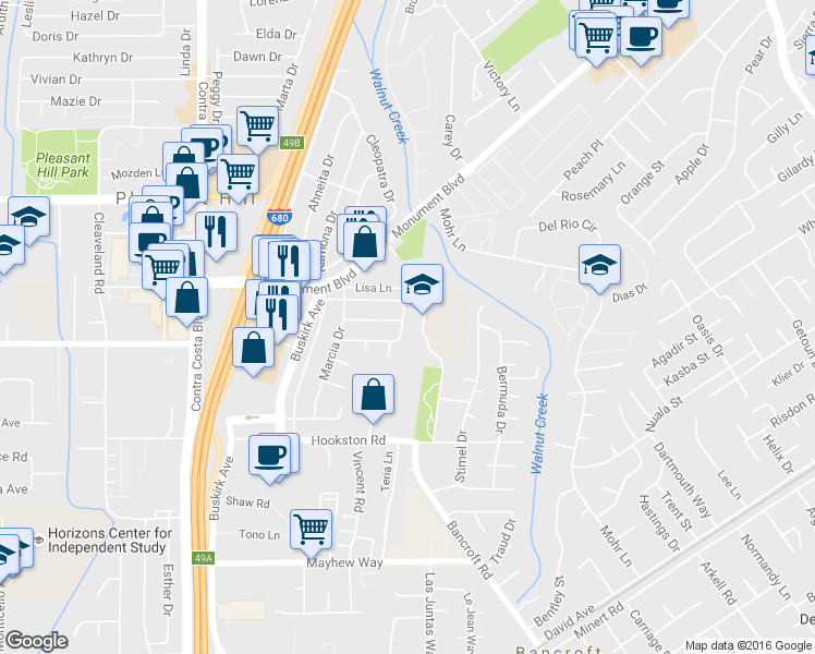 map of restaurants, bars, coffee shops, grocery stores, and more near 218 Elaine Drive in Pleasant Hill