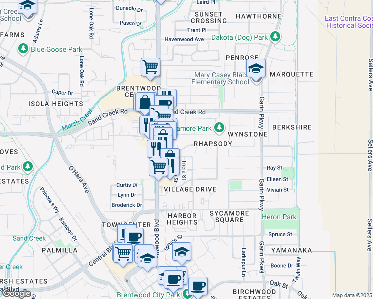 map of restaurants, bars, coffee shops, grocery stores, and more near 268 Woodfield Lane in Brentwood