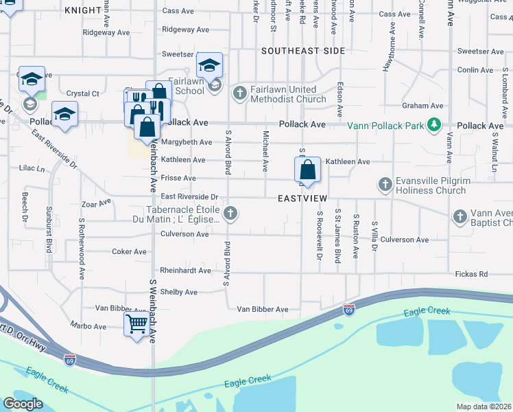 map of restaurants, bars, coffee shops, grocery stores, and more near 2233 East Riverside Drive in Evansville