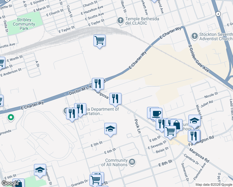 map of restaurants, bars, coffee shops, grocery stores, and more near 2321 Hall Avenue in Stockton