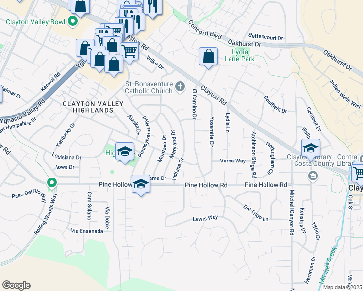map of restaurants, bars, coffee shops, grocery stores, and more near 5546 Indiana Drive in Concord