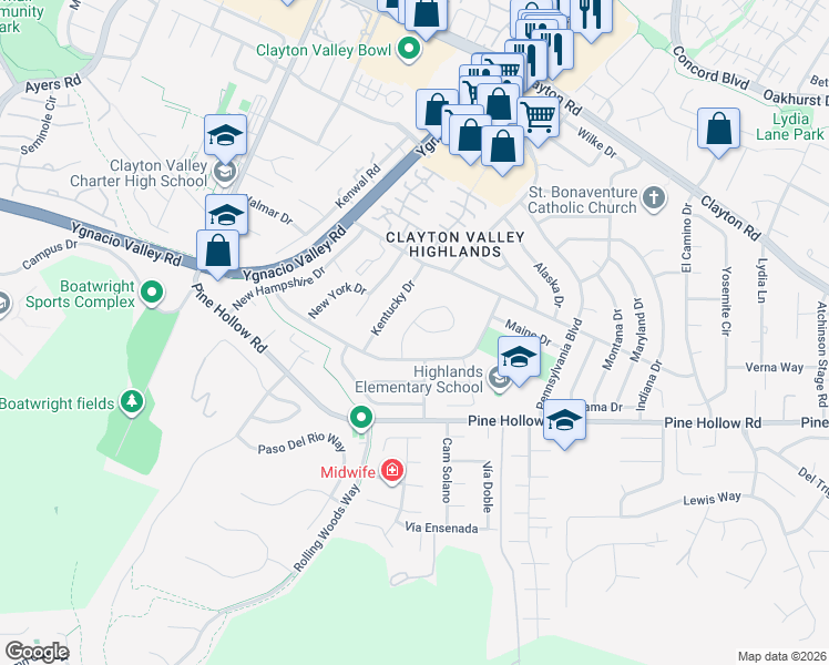map of restaurants, bars, coffee shops, grocery stores, and more near 1419 Kansas Circle in Concord