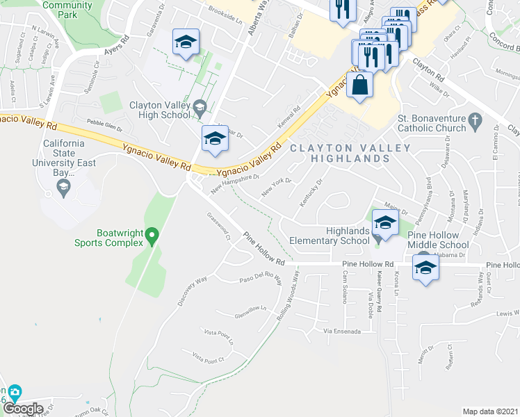 map of restaurants, bars, coffee shops, grocery stores, and more near 5446 Louisiana Drive in Concord