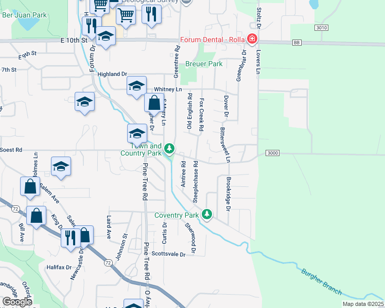 map of restaurants, bars, coffee shops, grocery stores, and more near 101 Fox Creek Road in Rolla