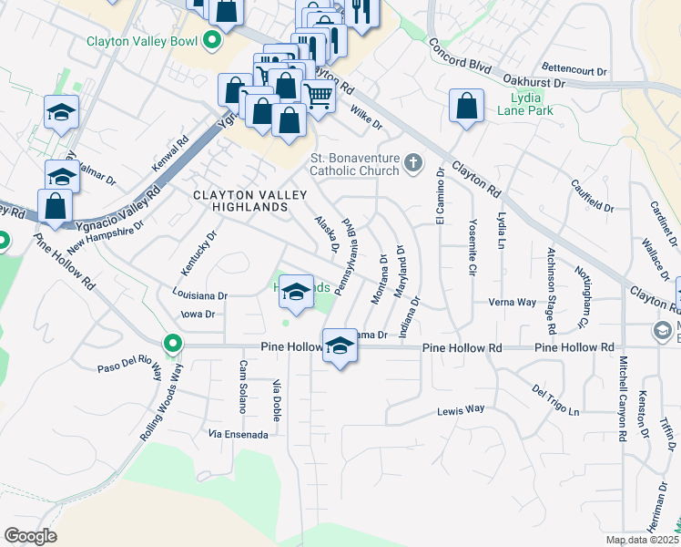 map of restaurants, bars, coffee shops, grocery stores, and more near 5540 Michigan Boulevard in Concord