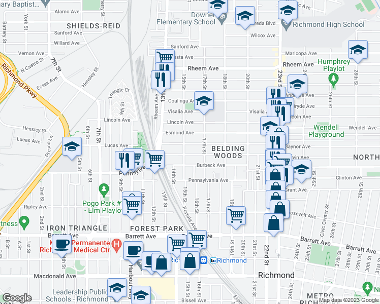 map of restaurants, bars, coffee shops, grocery stores, and more near 1521 Garvin Avenue in Richmond