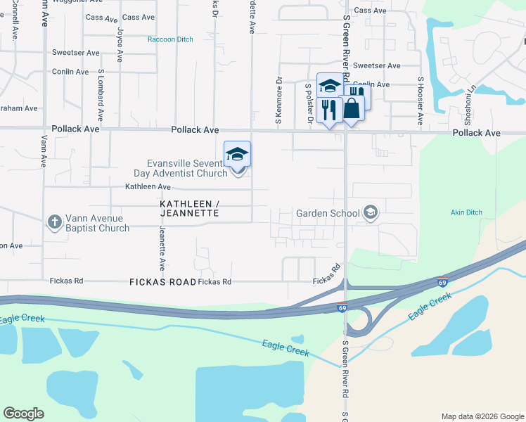 map of restaurants, bars, coffee shops, grocery stores, and more near 4311 Frisse Avenue in Evansville