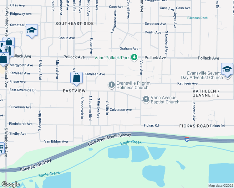 map of restaurants, bars, coffee shops, grocery stores, and more near 2506 Hawthorne Ave in Evansville