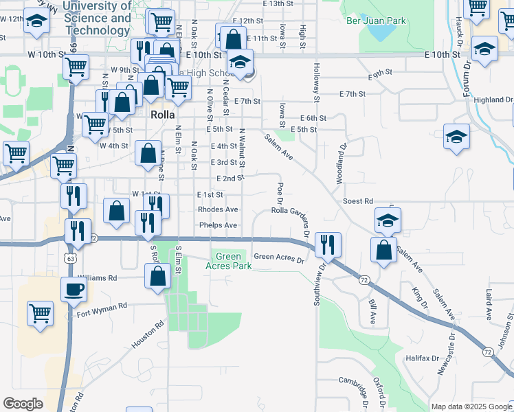 map of restaurants, bars, coffee shops, grocery stores, and more near 11 Rolla Gardens Drive in Rolla