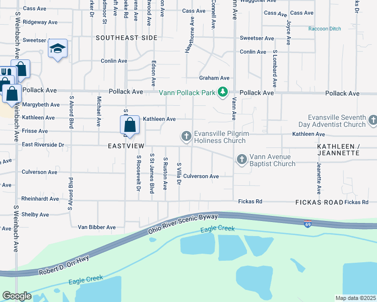 map of restaurants, bars, coffee shops, grocery stores, and more near 2506 Hawthorne Avenue in Evansville