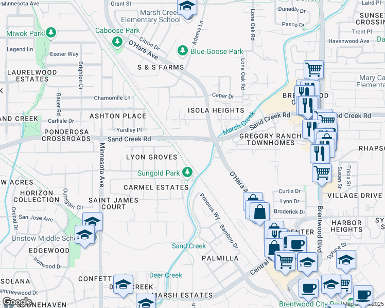map of restaurants, bars, coffee shops, grocery stores, and more near 540 Sand Creek Road in Brentwood