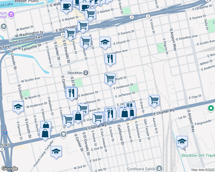 map of restaurants, bars, coffee shops, grocery stores, and more near 927 California Street in Stockton