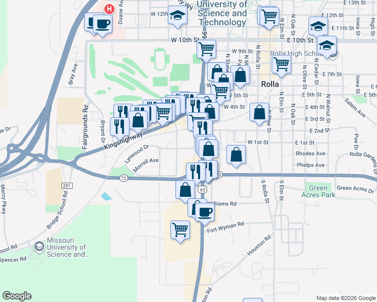 map of restaurants, bars, coffee shops, grocery stores, and more near 803 Black Street in Rolla