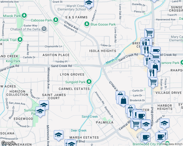map of restaurants, bars, coffee shops, grocery stores, and more near 540 Sand Creek Road in Brentwood