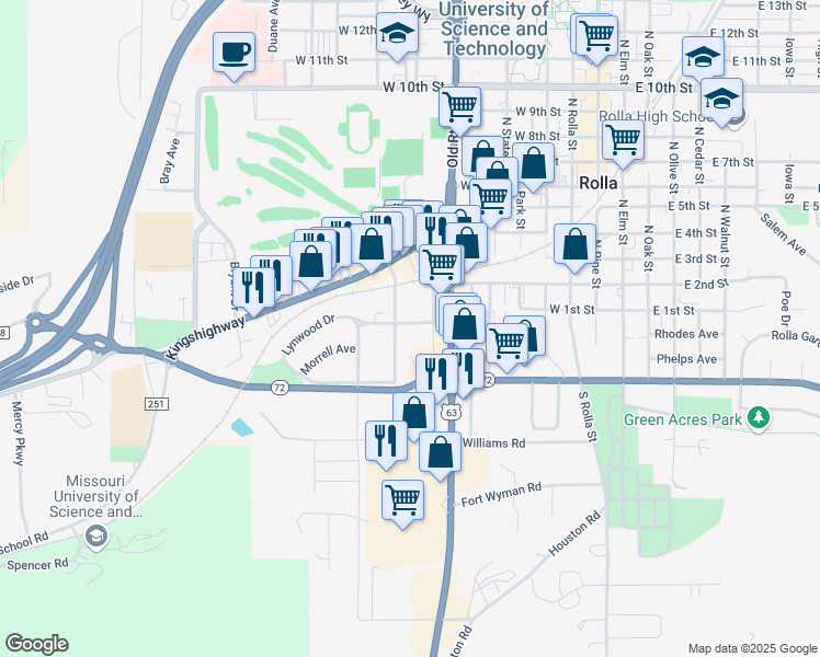 map of restaurants, bars, coffee shops, grocery stores, and more near 809 Black Street in Rolla