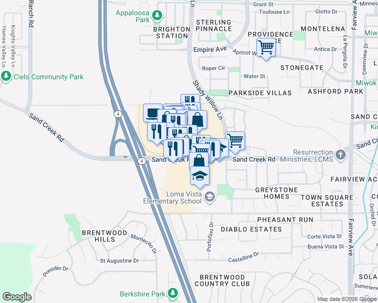 map of restaurants, bars, coffee shops, grocery stores, and more near 2355 Sand Creek Road in Brentwood