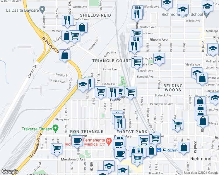 map of restaurants, bars, coffee shops, grocery stores, and more near 777 9th Street in Richmond