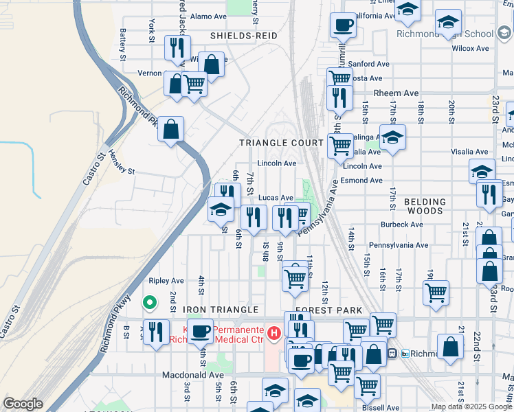 map of restaurants, bars, coffee shops, grocery stores, and more near 780 7th Street in Richmond
