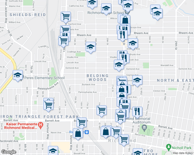 map of restaurants, bars, coffee shops, grocery stores, and more near 1801 Garvin Avenue in Richmond
