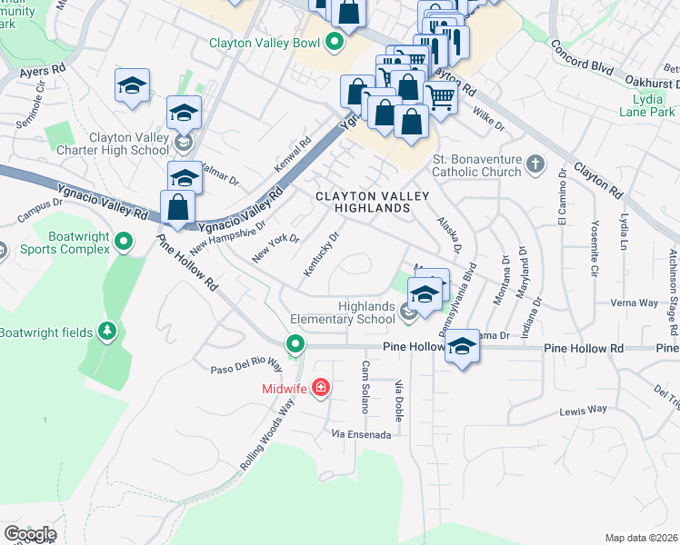 map of restaurants, bars, coffee shops, grocery stores, and more near 1419 Kansas Circle in Concord