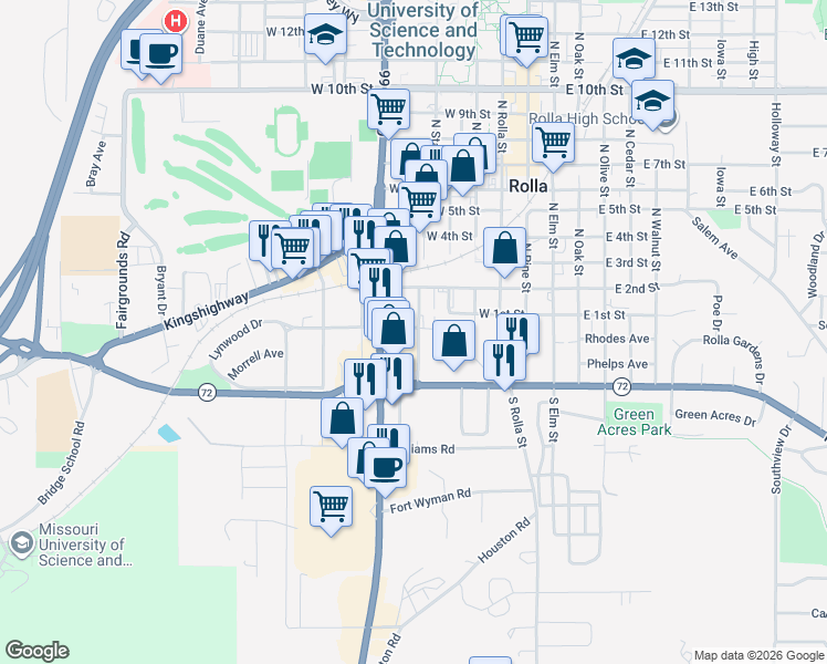 map of restaurants, bars, coffee shops, grocery stores, and more near 100 South Rucker Avenue in Rolla