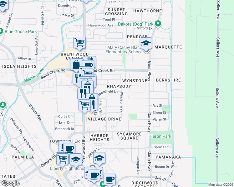 map of restaurants, bars, coffee shops, grocery stores, and more near 242 White Birch Court in Brentwood