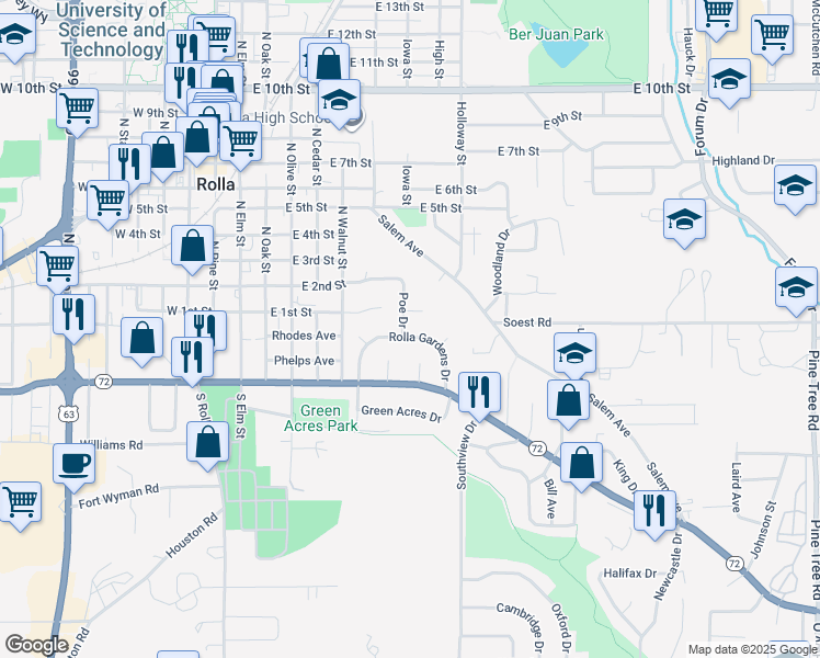 map of restaurants, bars, coffee shops, grocery stores, and more near 18 Rolla Gardens Drive in Rolla