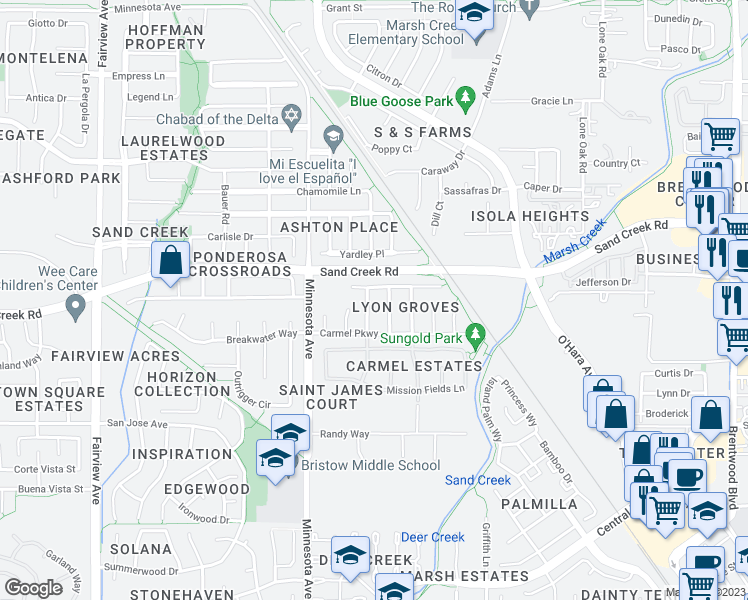 map of restaurants, bars, coffee shops, grocery stores, and more near 1242 Comice Parkway in Brentwood