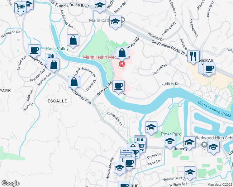 map of restaurants, bars, coffee shops, grocery stores, and more near 1321 South Eliseo Drive in Larkspur